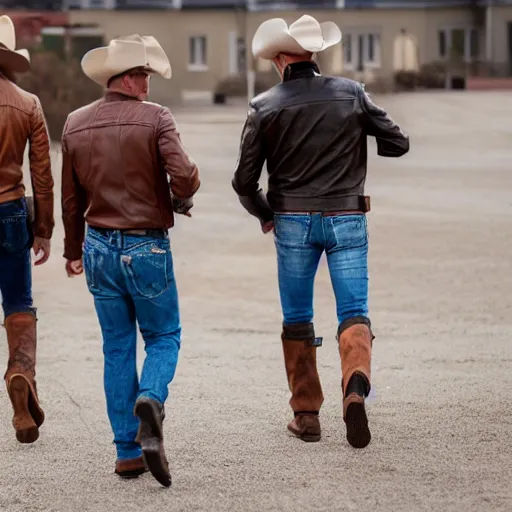 Prompt: Two men with brown leather jackets, blue jeans, and cowboy boots walking behind each other