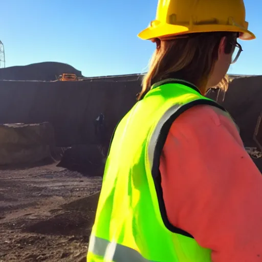 Prompt: photo, close up, emma watson in a hi vis vest, in dusty open pit mine, android cameraphone, lens flare, 2 6 mm,