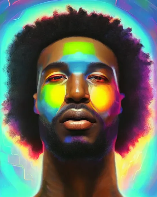 Image similar to colorful portrait of a black male hippie with cybernetics and a natural hair style, but set in the future 2 1 5 0 | highly detailed | very intricate | symmetrical | professional model | cinematic lighting | award - winning | painted by mandy jurgens | pan futurism, dystopian, bold psychedelic colors, cyberpunk, anime aesthestic | featured on artstation