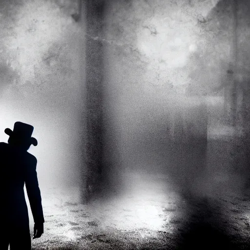 Image similar to white light from right, mysterious man in black suit and black hat, he has a pistol!!, smoke, fog, mysterious, 4 k, highly detailed, digital art, strong shadows, high contrast, epic scene, atmospheric, blue colours, old photograph