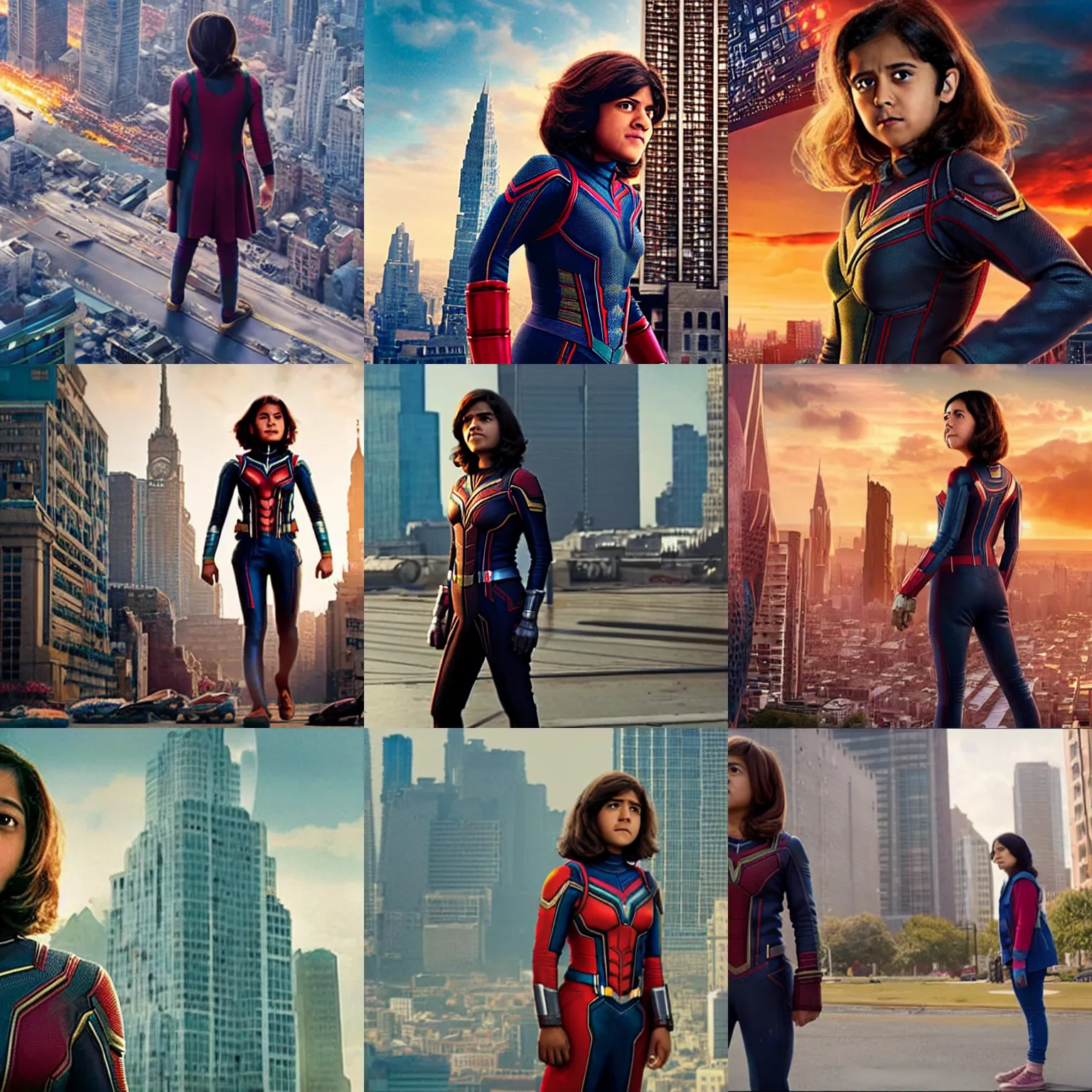 Prompt: Kamala Khan grows to an enormous size and towers over a city, film still from 'Ant-Man and the Wasp'