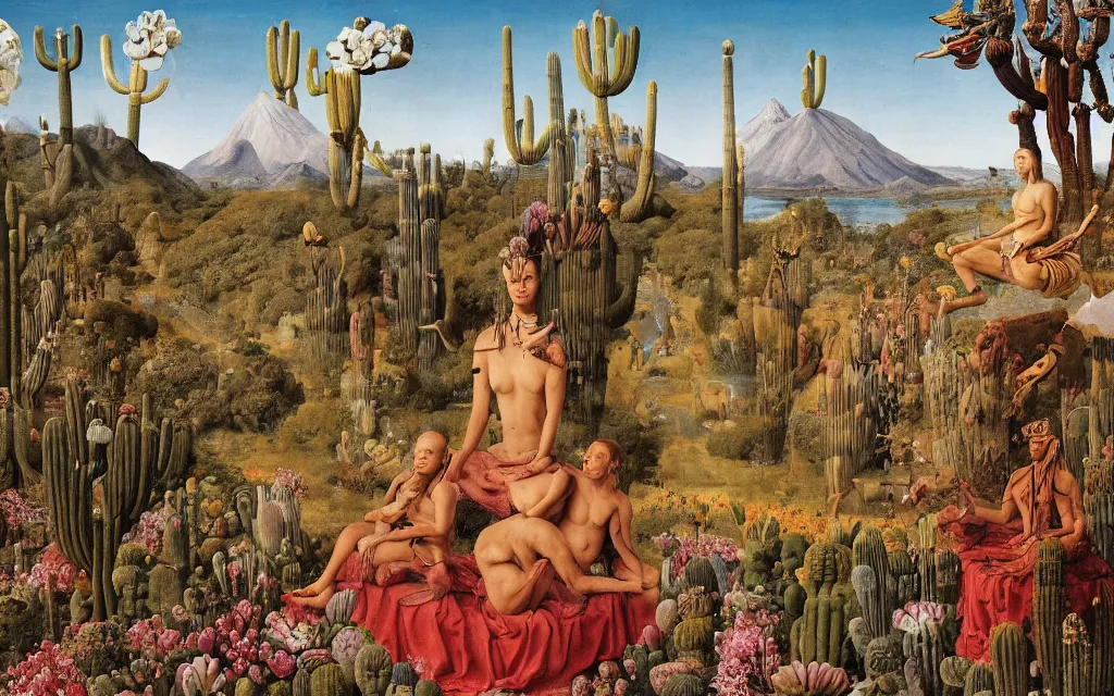 Prompt: a portrait photograph of a meditating sphinx and a centaur king riding birds at a river delta. surrounded by bulbous flowers, animals, trees and cacti. mountain range under a vast blue sky of burning stars. painted by jan van eyck, max ernst, ernst haeckel and ernst fuchs, cgsociety, artstation, fashion editorial