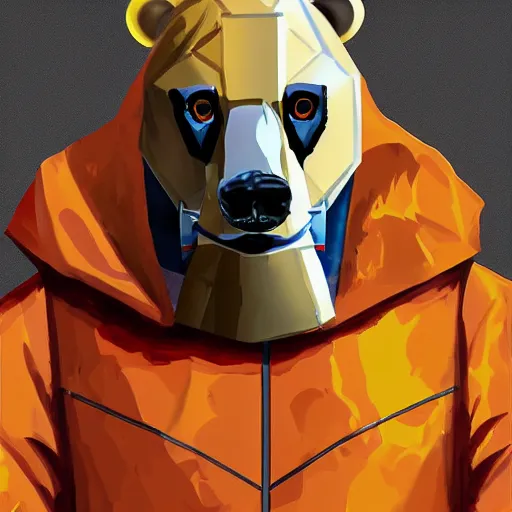 Image similar to portrait of bear beast-man wearing a hazmat suit, digital art, concept art, highly detailed, sharp focus