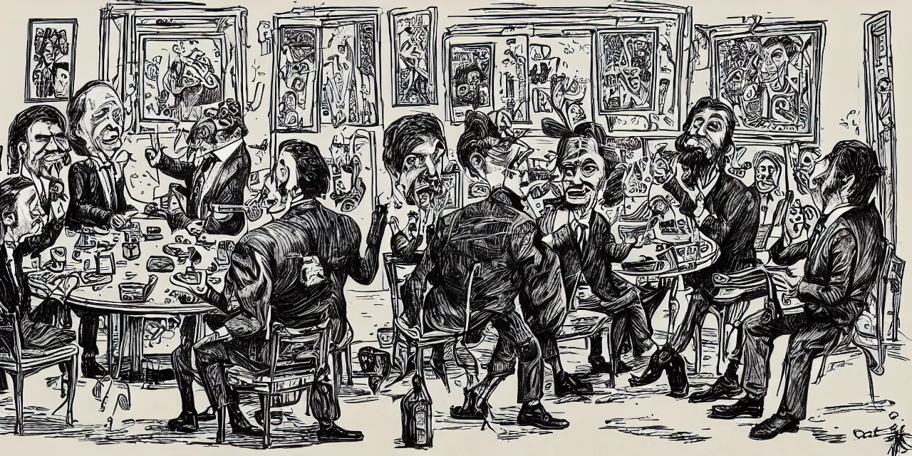 Image similar to surreal caricature sketch by r. crumb, theme of giant insects playing cards while seated around a round table