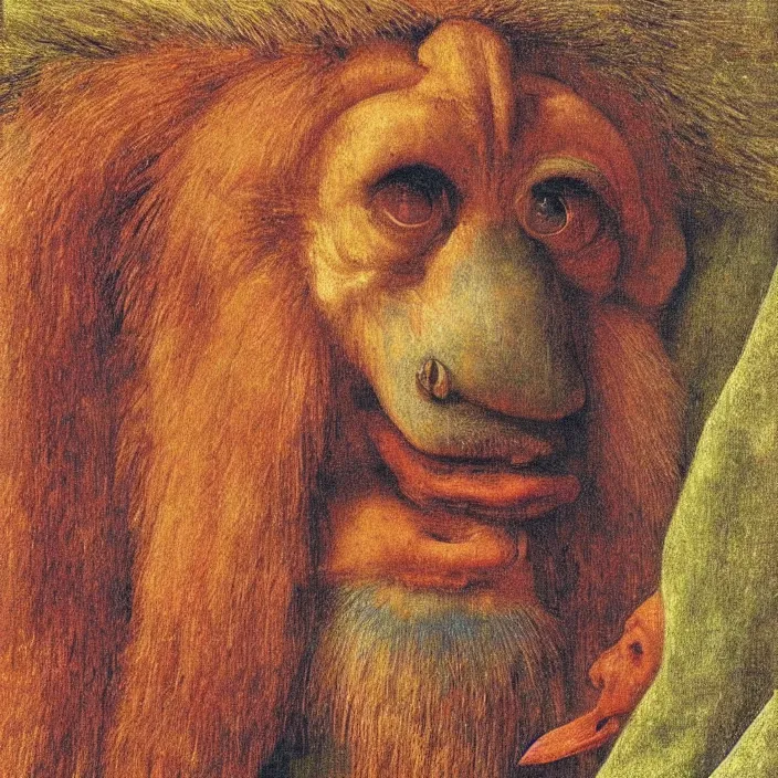 Prompt: close up portrait of a mutant monster creature with colourful mandrill - like nose, baldness, needles portruding through the cheeks, painted forehead, medusae beard. jan van eyck