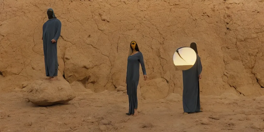 Prompt: levitating bene gesserit with full - face golden mask in a dry rocky desert landscape, visible sky and sunny atmosphere, fata morgana and giant mirrors by alejandro jodorowsky, anamorphic lens, kodakchrome, practical effects, masterpiece, 8 k