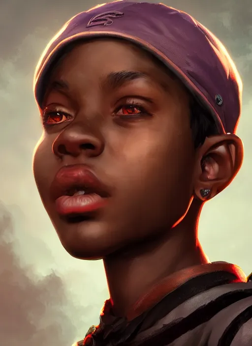 Image similar to An epic fantasy comic book style portrait painting of a young dark skinned girl with short hair dressed as a boy in a cap, unreal 5, DAZ, hyperrealistic, octane render, cosplay, RPG portrait, dynamic lighting