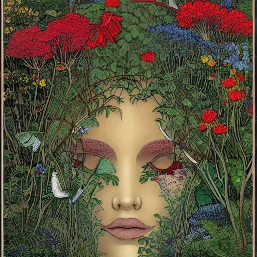 Image similar to an illustration of a beautiful garden forming the face of a beautiful goddess, painted by moebius and james jean