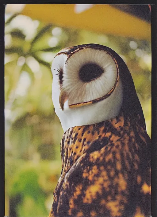 Image similar to grainy head to shoulder portrait Polaroid film photograph of an elegant top model wearing a yellow kimono with a very detailed barn owl on her shoulder!!! in a tropical greenhouse. looking at the camera!!. super resolution. Extremely detailed. Polaroid 600 film. art by James Gurney.