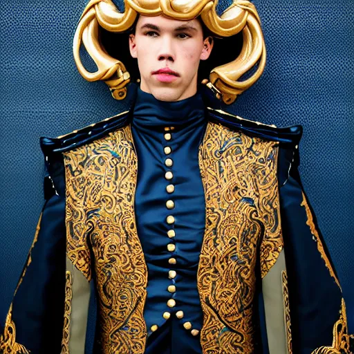 Image similar to medium face shot of adult Austin Butler dressed in futuristic-baroque prussian blue duelist-garb with Griffin-Ram embroidery emblem, and nanocarbon-vest and greaves, standing in an arena in Dune 2020, XF IQ4, f/1.4, ISO 200, 1/160s, 8K, face in-frame