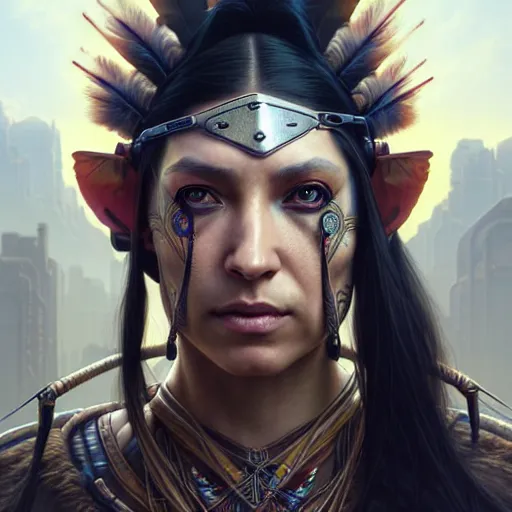 Image similar to portrait painting of a cyberpunk native american elven street samurai, ultra realistic, concept art, intricate details, eerie, highly detailed, photorealistic, octane render, 8 k, unreal engine. art by artgerm and greg rutkowski and charlie bowater and magali villeneuve and alphonse mucha