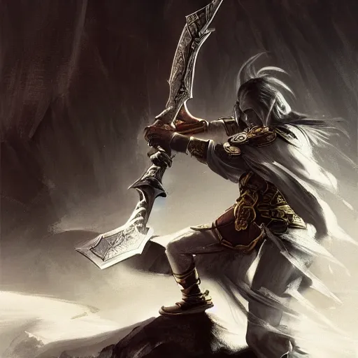 Image similar to fantasy painting of Elric wielding a plain black sword, painted by Bayard Wu, ultra detailed, 8k