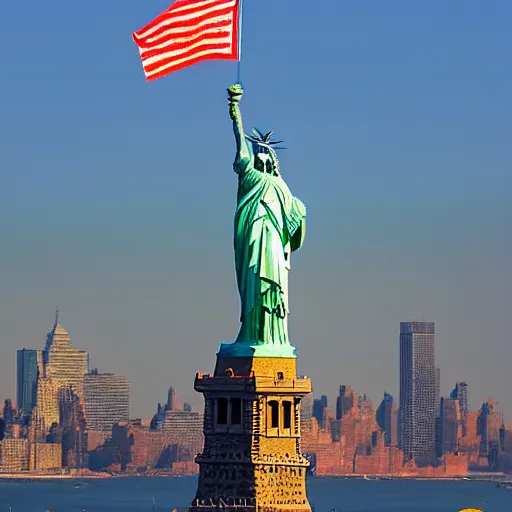 Prompt: The Statue of Liberty holding the Indian national flag with the New York skyline in the background, aerial photo, HDR