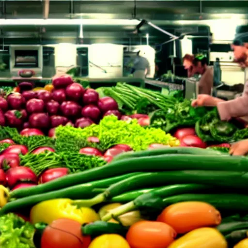 Image similar to film still of fresh produce making beats