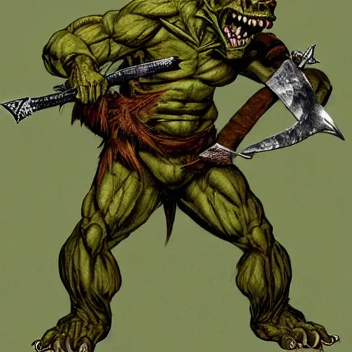 Image similar to dog - faced muscular goblin, ugly face, lizard tail, holding scimitar made of bone, scimitar, sword, jagged sword, curved sword, orkish sword, colorized, green skin, hyper - detailed, primeval fantasy, prehistoric fantasy, drawn by frank frazetta