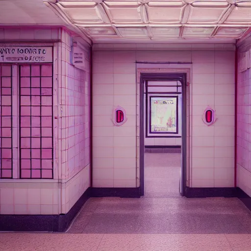 Image similar to pastel colors, hd 8 k, abandoned, overgrown, vaporwave, subway station, at the grand budapest hotel