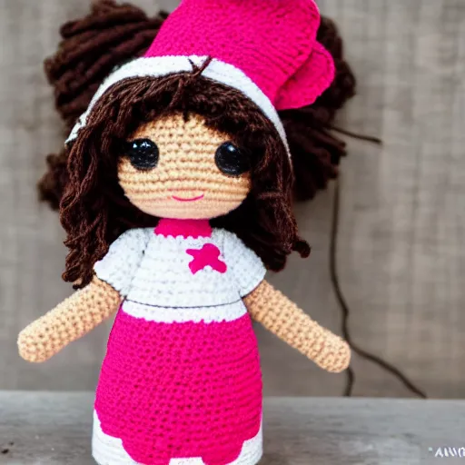 Image similar to Crocheted Pokimane Imane Anys doll. 4k bokeh photography