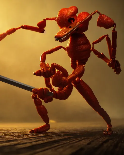 Image similar to an anthropomorphic fire ant fighting with a gun and a sword. Sharp focus, fantasy style, volumetric lighting, 8K hidg definition, highly detailed, trending on artstation