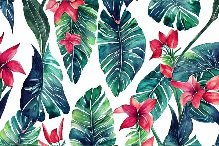 Image similar to watercolor artwork of exotic, elegant tropical prints : : trending on artstation