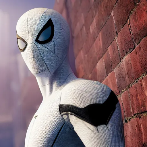 Image similar to white spider - man suit with black web lining, cinematic, volumetric lighting, realistic, hyperdetailed, photorealistic, photograph