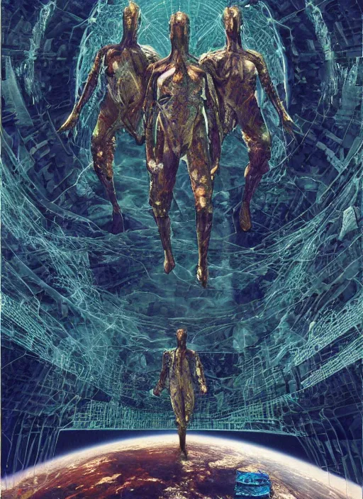 Image similar to astronauts in the dark infinite underwater void - complex and hyperdetailed technical suit, fabric material. reflection and dispersion materials. rays and dispersion of light. volumetric light. wide angle, f / 3 2. noise film photo. flash photography. ultra realistic, wide angle. poster by wayne barlowe, hajime sorayama aaron horkey, craig mullins