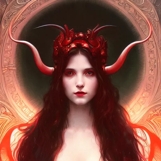 Image similar to Portrait of beautiful pale demon girl with horns, red lighting, intricate, elegant, highly detailed, digital painting, artstation, smooth, sharp focus, illustration, art by artgerm and greg rutkowski and alphonse mucha and Wayne Barlowe and william-adolphe bouguereau