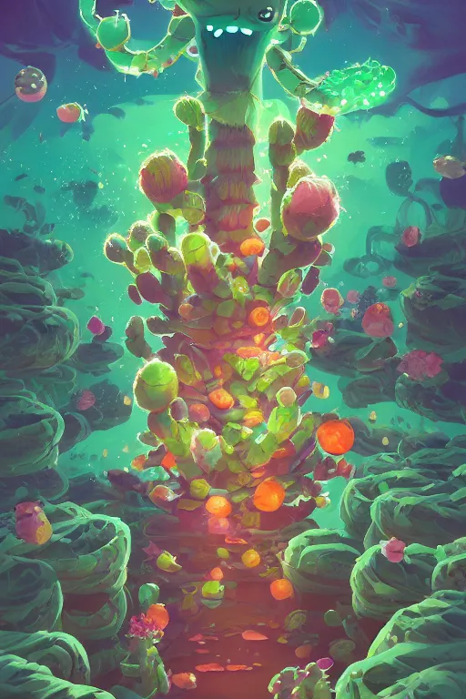 Image similar to roots cactus sushi cristal smurf ghost creature animal sushi cristal very big eye roots cactus elemental flush of force nature micro world fluo fishscale, behance hd by jesper ejsing, by rhads, makoto shinkai and lois van baarle, ilya kuvshinov, rossdraws radiating a glowing aura global illumination ray tracing hdr