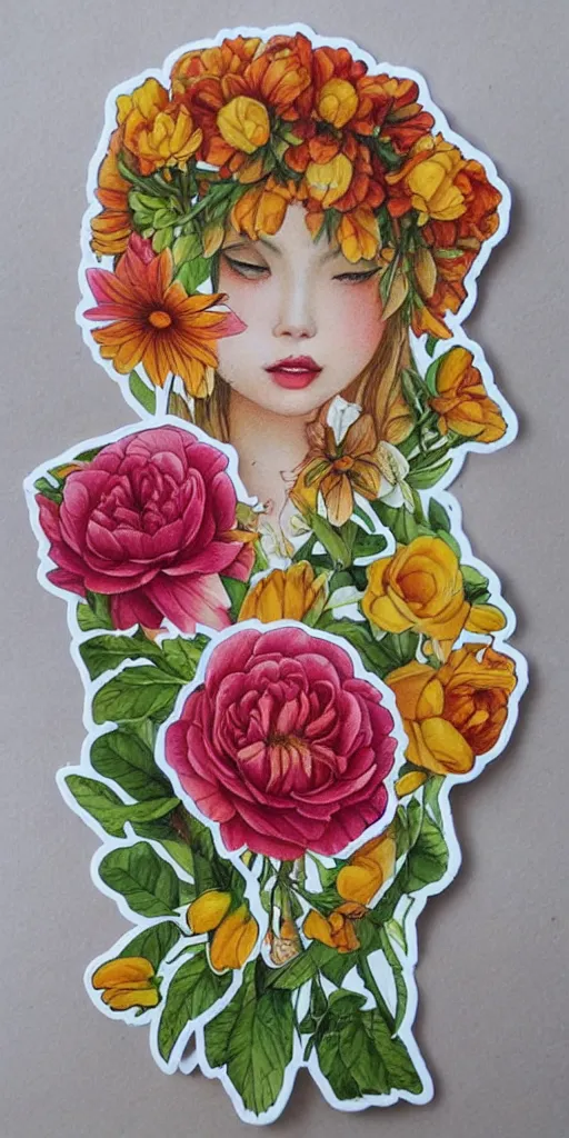 Prompt: beautiful flowers, by tran nguyen, warm colors, cozy, etsy stickers, white border, sticker sheet