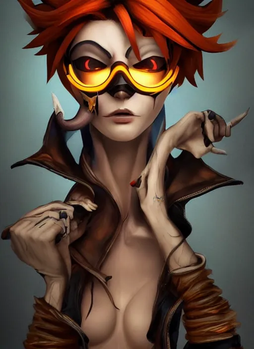 Prompt: dark full body painting of tracer from overwatch, in style of hieronymus bosch, scary, horror, 4 k, feminine facial features, overwatch tracer character, horror, body horror, disturbing, detailed face, dressed in dark garment, black tendrils, tall,