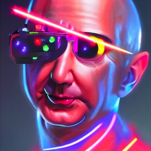 Prompt: jeff bezos shooting laser beams from his eyes, lazer, neon, sci - fi, glowing lights, sharp focus, art by artgerm, 8 k, k _ euler