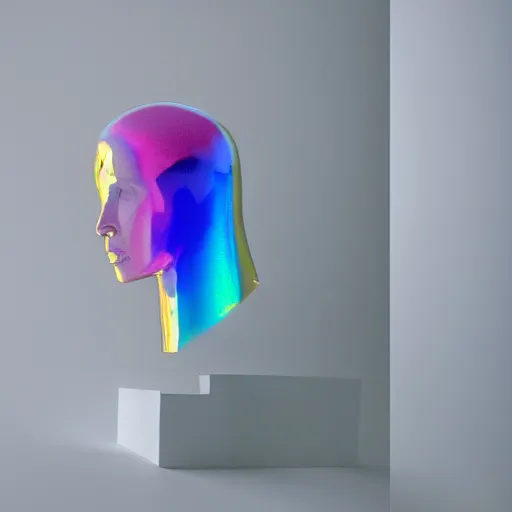 Image similar to an ultra high definition professional studio quality photograph of a transparent iridescent perspex pastel coloured head dress on a white coat hook in an empty white room. dramatic lighting, ray tracing, refraction, shallow d. o. f, colour corrected, golden ratio, three point light. volumetric shadows..