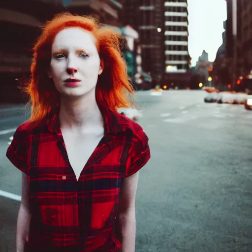 Image similar to photograph, closeup portrait of a young pale woman with shoulder length red hair, tired eyes, freckles, wearing red flannel, soft lighting, city background, sunset, bokeh, urban setting, high contrast, sharp, portra 8 0 0, photographed by annie leibovitz, trending on tumblr,
