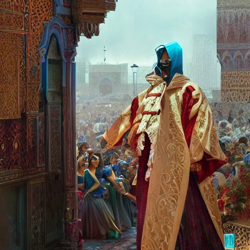 Prompt: clear portrait of king of morocco having a rap battle, cottagecore!!, detroit hood background hyper detailed, character concept, full body, dynamic pose, elegant, intricate, highly detailed, digital painting, artstation, concept art, smooth, sharp focus, illustration, art by artgerm and greg rutkowski and alphonse mucha