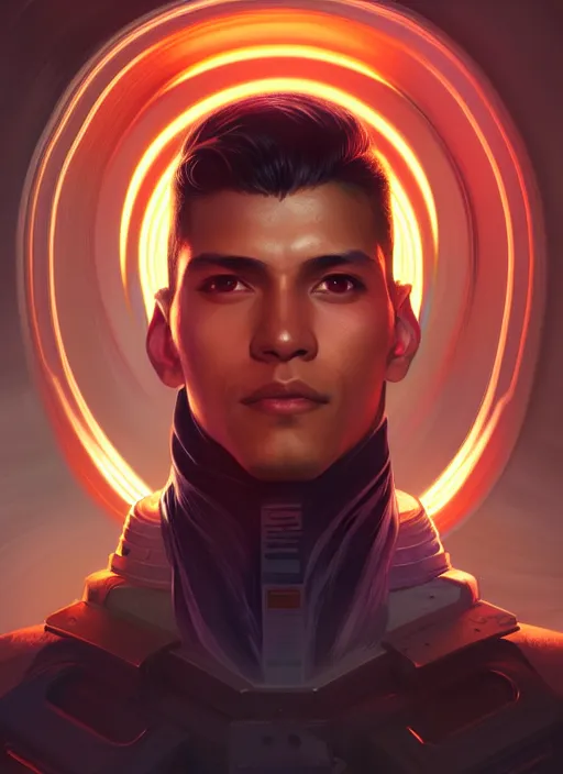 Image similar to symmetry portrait of a handsome young peruvian man, sci - fi, tech wear, glowing lights intricate, elegant, highly detailed, digital painting, artstation, concept art, smooth, sharp focus, illustration, art by artgerm and greg rutkowski and alphonse mucha