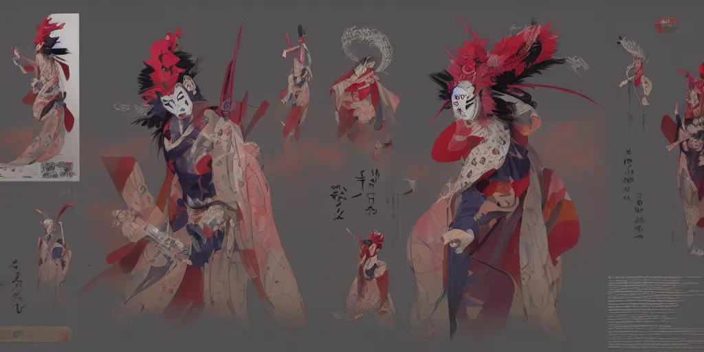 Image similar to kabuki character design, character sheet, Moebius, Greg Rutkowski, Zabrocki, Karlkka, Jayison Devadas, Phuoc Quan, trending on Artstation, 8K, ultra wide angle, zenith view, pincushion lens effect