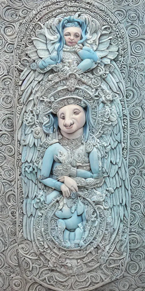 Image similar to intricate colourfully painted carved Soapstone relief paneling, white and pale blue , celestial, piggy, pig goddess, mother earth, Earth Goddess mythology, Gaia, angels, divinity, Ghostly, crystaline celtic, insanly detailed , artstation, wallpaper, hyper realistic, realistic lighting