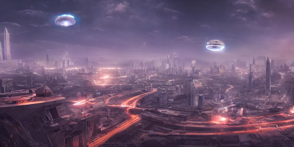 Image similar to 3 d concept art, ufo flying over the future city, hyperrealistic, octane rendering, cinematic lighting, dynamic lighting, intricate detail, trending on artstation, featured on behance.