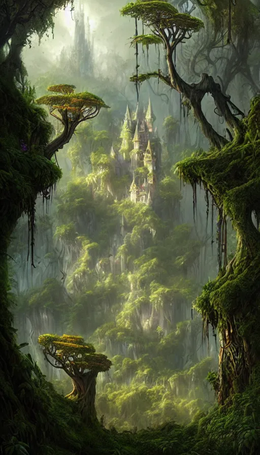 Prompt: fairy palace, castle towers, gnarly trees, lush vegetation, forest landscape, painted by tom bagshaw, raphael lacoste, eddie mendoza, alex ross concept art matte painting