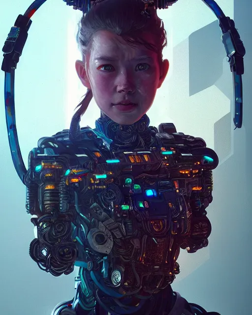 Image similar to portrait of Aloy as a cyborg. intricate abstract. intricate artwork. by Tooth Wu, wlop, beeple, dan mumford. octane render, trending on artstation, greg rutkowski very coherent symmetrical artwork. cinematic, hyper realism, high detail, octane render, 8k, iridescent accents