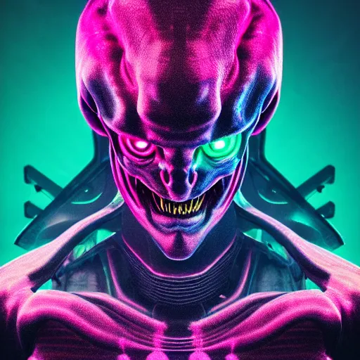 Image similar to synthwave demonic alien face with neon tattos, detailed face, sharp focus, synthwave art, aesthetic, octane render, raw, cinematic, colorful