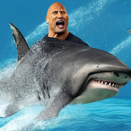 Prompt: photo of Dwayne Johnson yelling and riding a shark in the middle of the ocean, full shot, highly detailed face