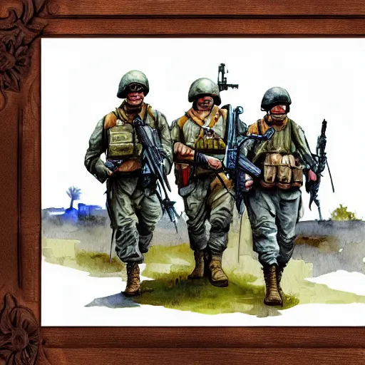 Prompt: retro, hd illustration of military troops, inspired by watercolor masterpieces, trending on artstation, 4 k