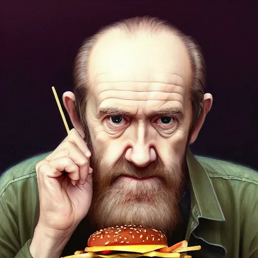 Prompt: portrait of george carlin eating hamburgers, extra onions and ketchup, luscious patty with sesame seeds, feminine ethereal, handsome, d & d, fantasy, intricate, elegant, highly detailed, digital painting, artstation, concept art, matte, sharp focus, illustration, art by artgerm and greg rutkowski and alphonse mucha