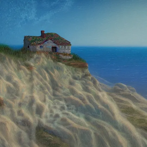 Prompt: aesthetic iridescent crumbling cottage on a cliff by the sea, oil on canvas, artstation, soft render