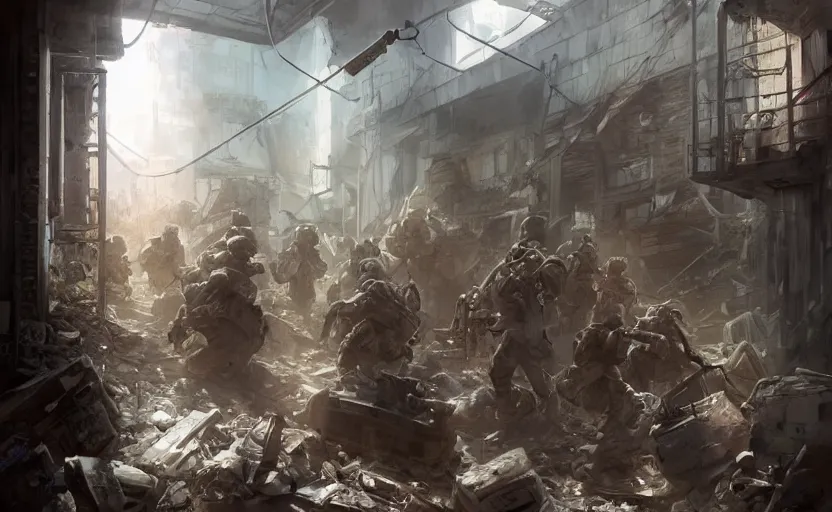 Image similar to American soldiers entering a ruined apartment, post-apocalyptic vibe, digital art made by Stanley Artgerm Lau, WLOP, Rossdraws, James Jean, Andrei Riabovitchev, Marc Simonetti, Yoshitaka Amano, ArtStation, CGSociety