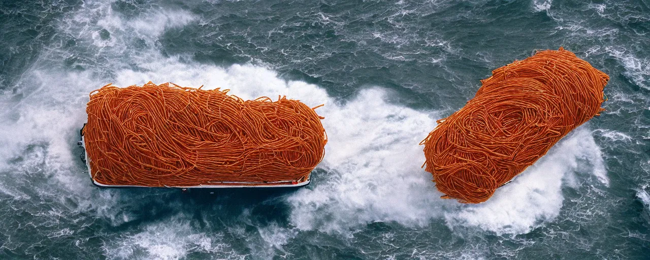 Prompt: an overhead image of a cargo ship transporting mounds of spaghetti, in the middle a hurricane,, canon 5 0 mm, cinematic lighting, photography, retro, film, kodachrome