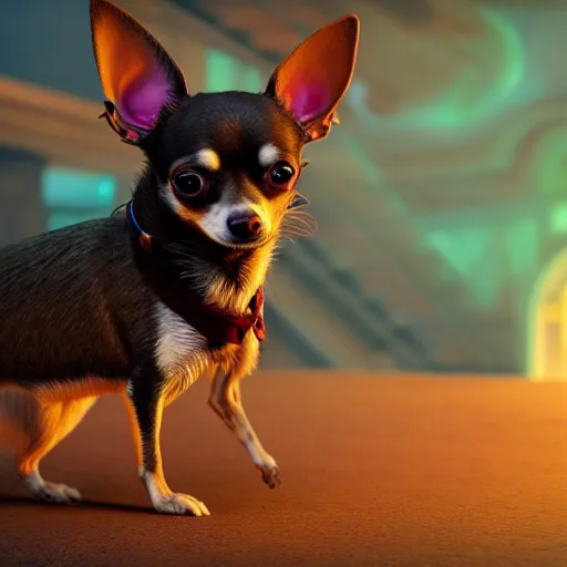 Image similar to a transcendent chihuahua living in an extradimensional reality, in the style of wlop, illustration, epic, fantasy, hyper detailed, smooth, unreal engine, sharp focus, ray tracing, physically based rendering, renderman, beautiful