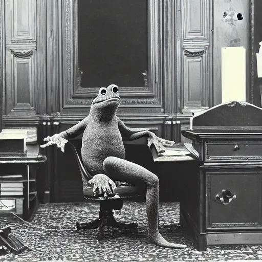 Image similar to 2 0 megapixels, aristocratic, vintage photo of an anthropomorphic perfect frog wearing a perfect suit sitting behind a perfect victorian desk, 1 9 4 0, professional photography, ultra detailed, beautiful, precise, close up