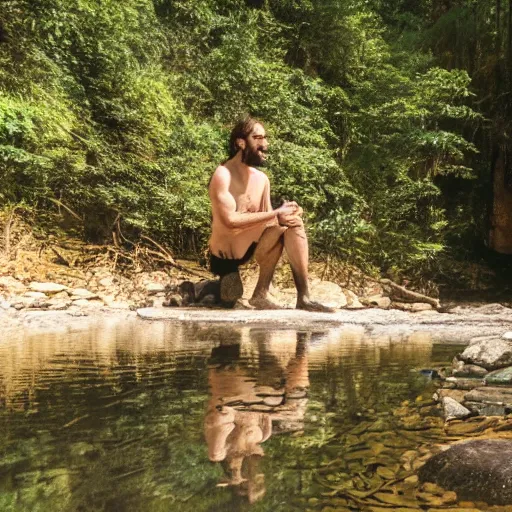 Prompt: a caveman kneeling down at a river, an looking at his own reflection cinematic 3 5 mm 8 k realistic