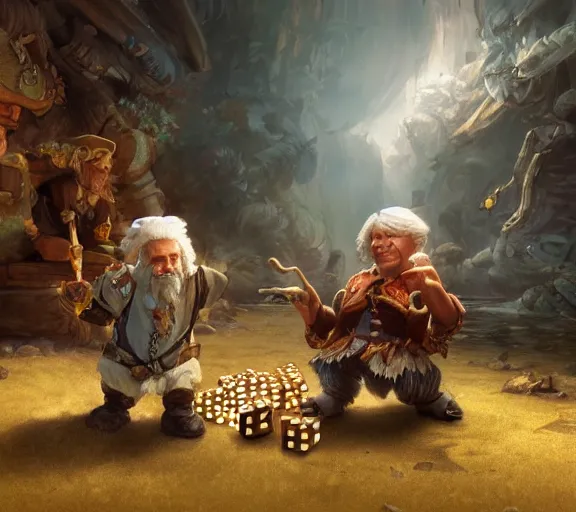 Prompt: a white haired dwarf and a pirate halfling gambling with bone dice near a creak, illustration by craig mullins, wlop, highly detailed, colorful, unreal engine, octane render, dramatic lighting, cinematic composition,